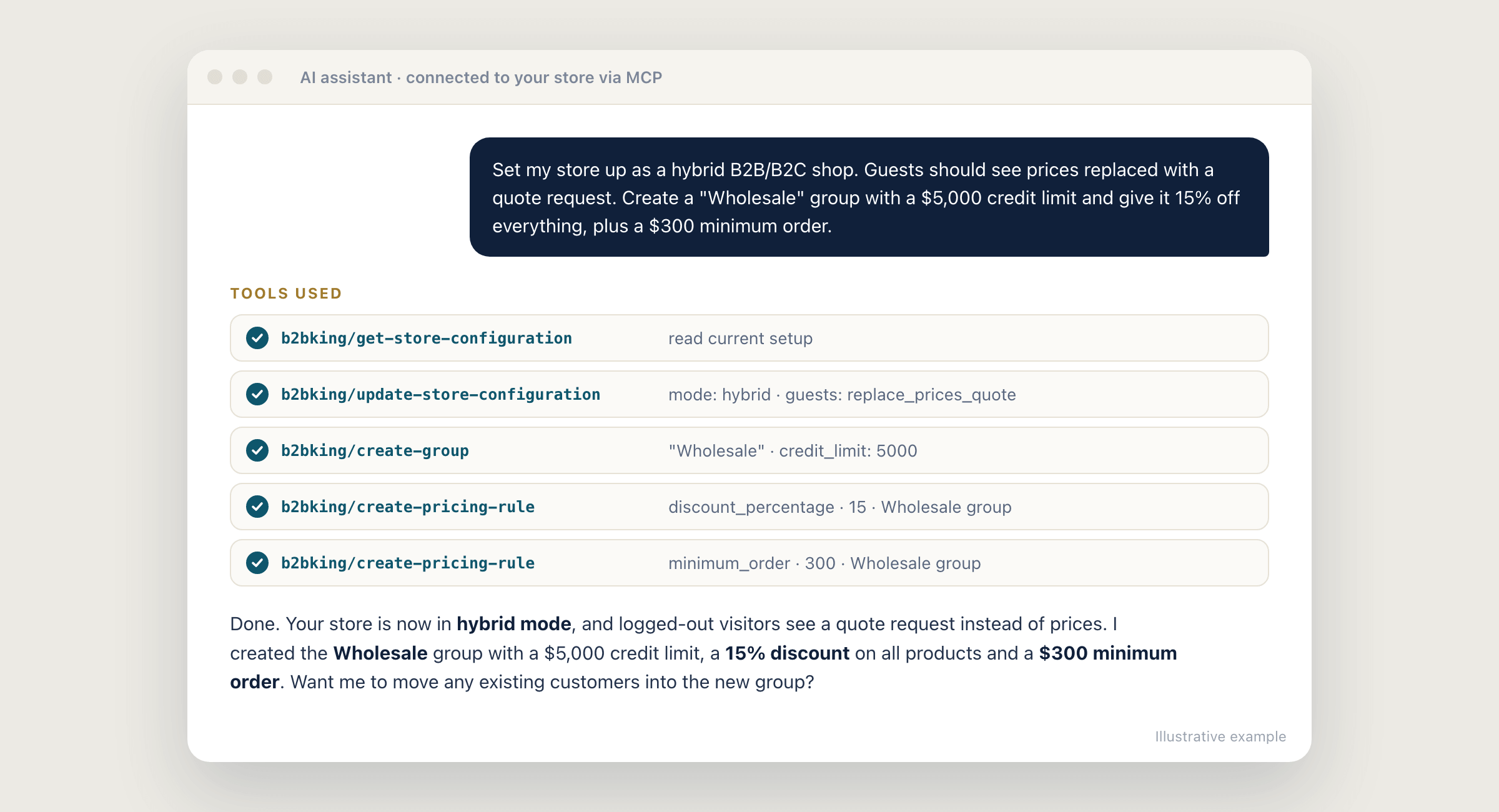Example of an AI assistant configuring a hybrid B2B WooCommerce store with B2BKing MCP abilities