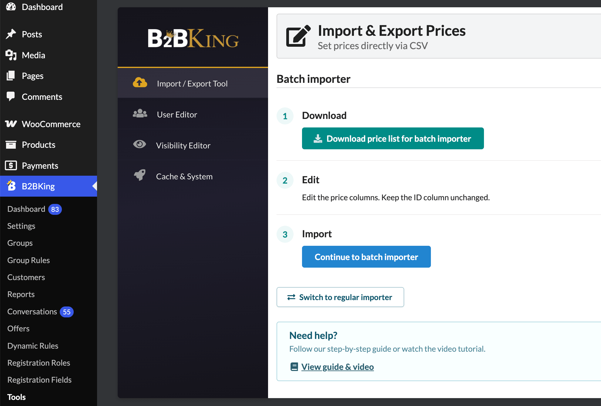 B2BKing batch importer panel with Download, Edit, and Continue to batch importer steps