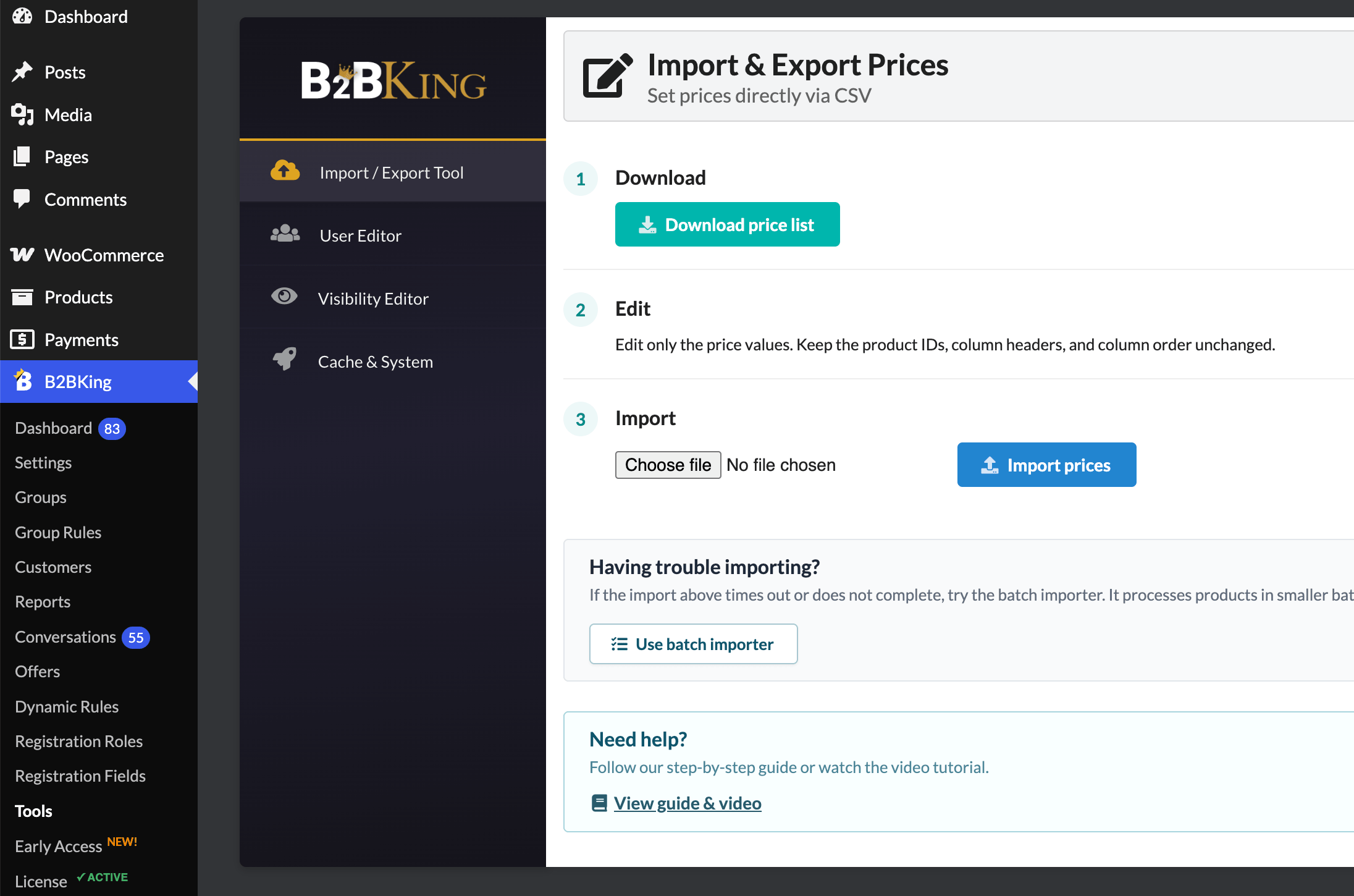 B2BKing Import and Export Prices page with the WordPress admin menu, regular importer, batch importer option, and help panel