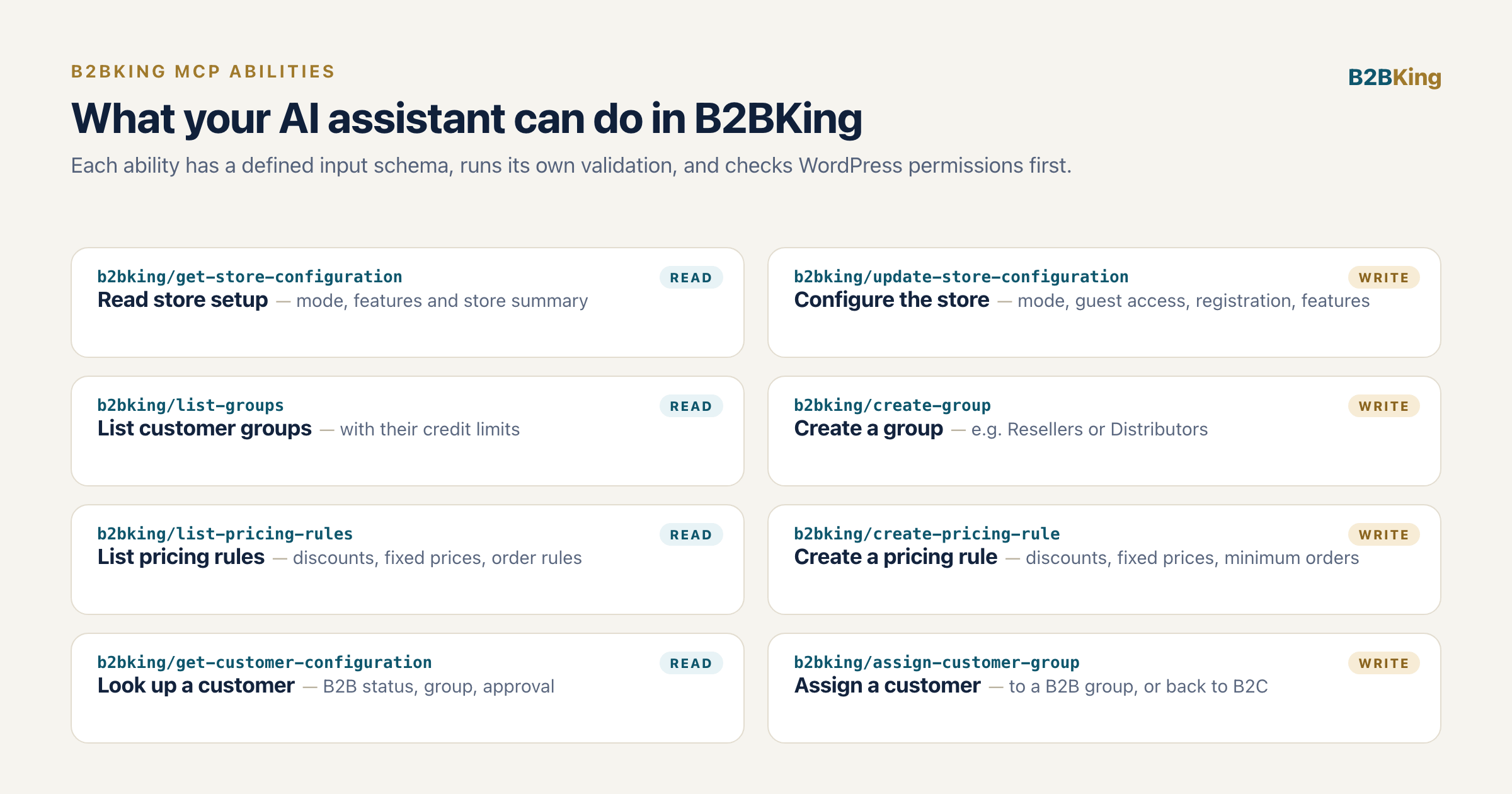 Overview of the eight B2BKing MCP abilities for store configuration, customer groups, pricing rules and customers