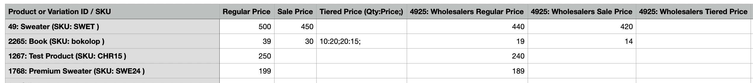 B2BKing regular price list showing product identifiers, regular prices, sale prices, tiered prices, and B2B group price columns