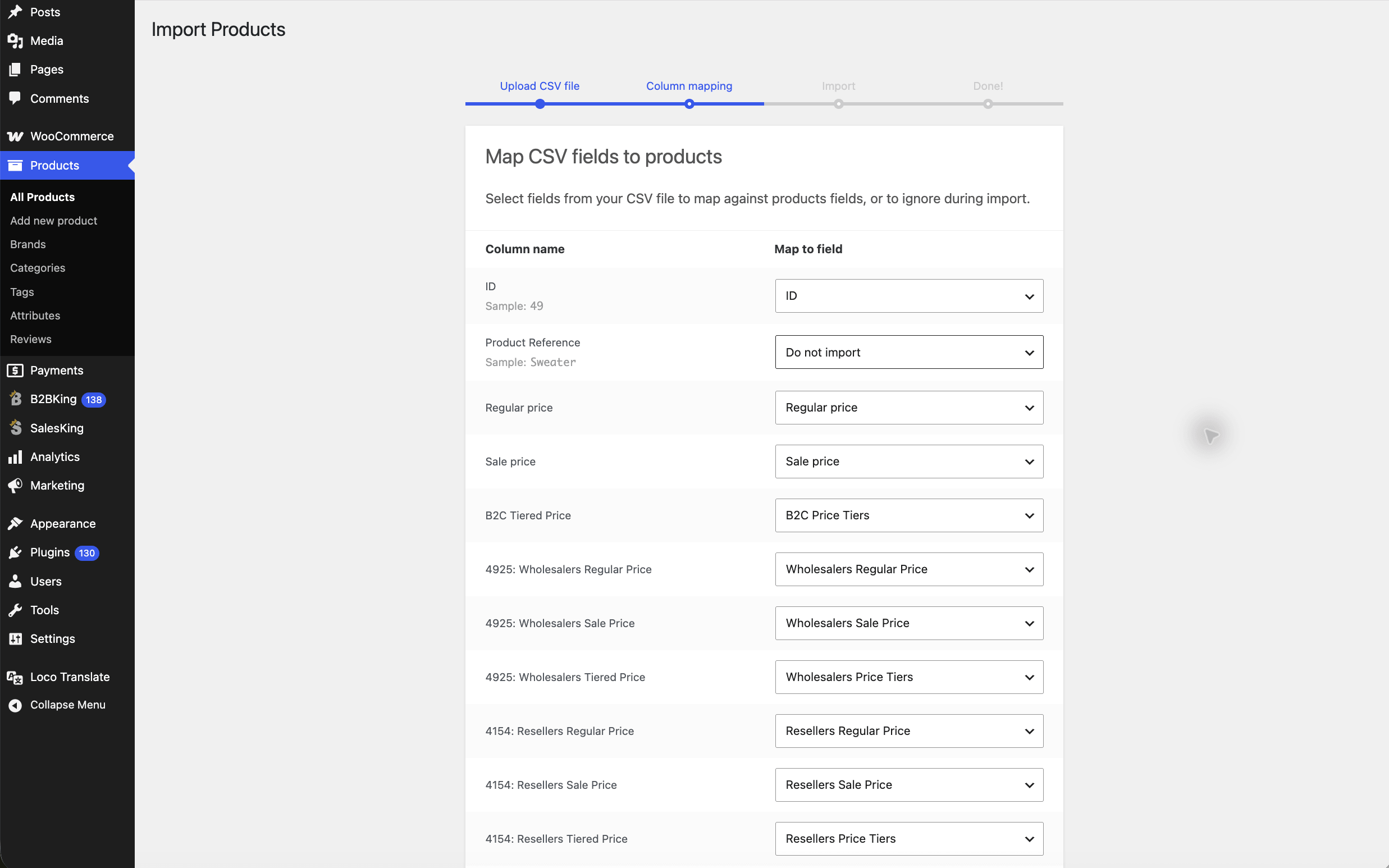 WooCommerce column mapping screen with B2BKing product price columns mapped for import