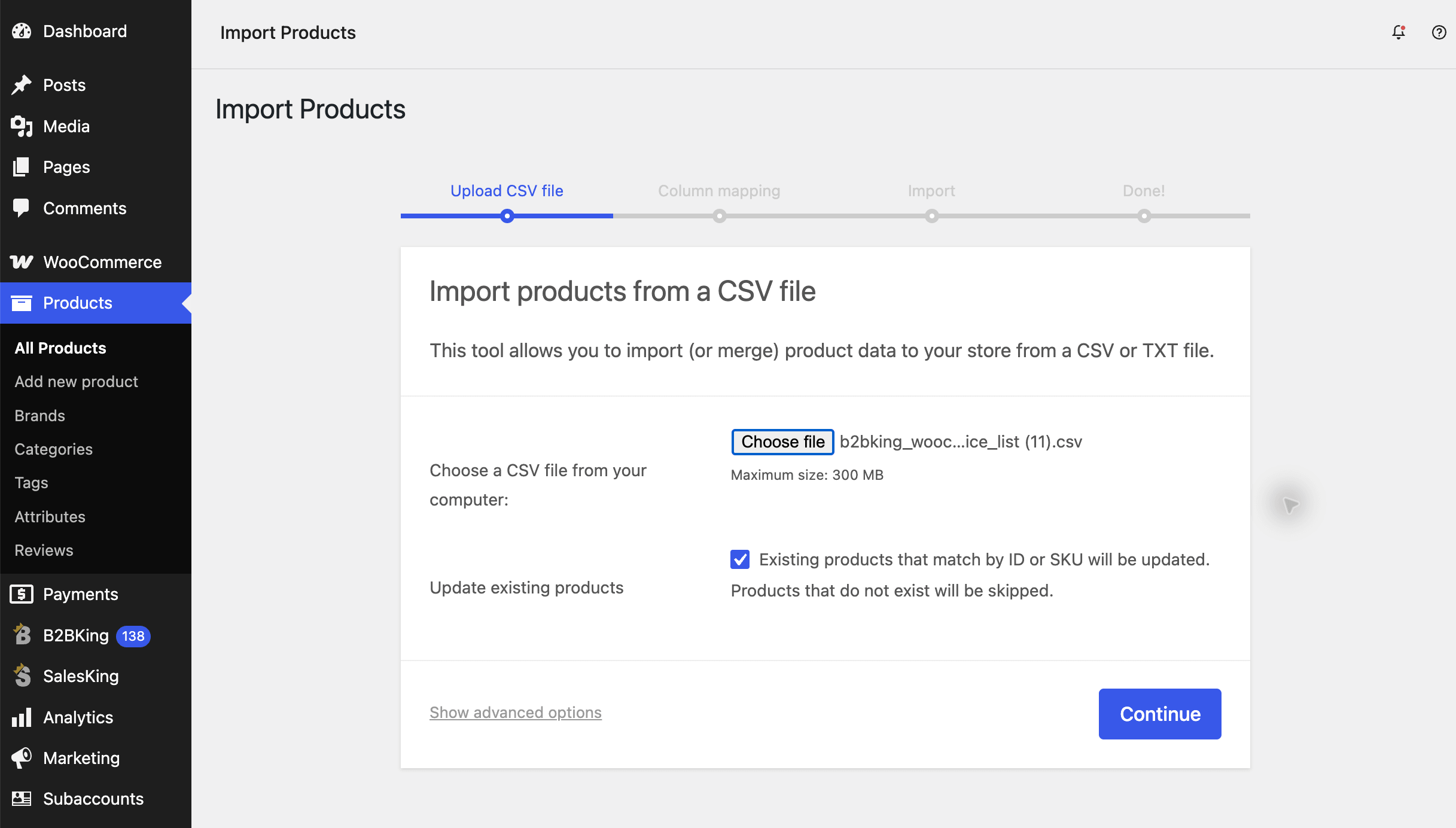 WooCommerce product CSV importer with the B2BKing batch price list selected and Update existing products enabled