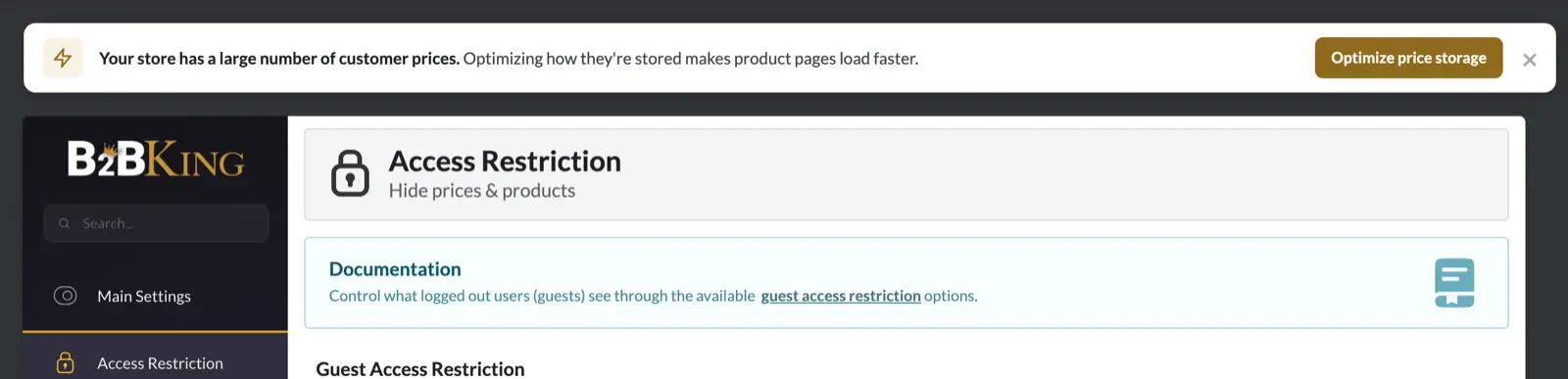 B2BKing settings notice recommending optimized customer price storage