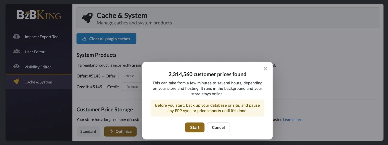 B2BKing Tools, Cache and System tab with the optimize customer price storage pop-up