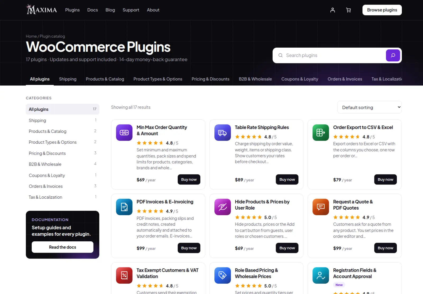 Maxima Plugins catalog of 17 WooCommerce plugins grouped by category