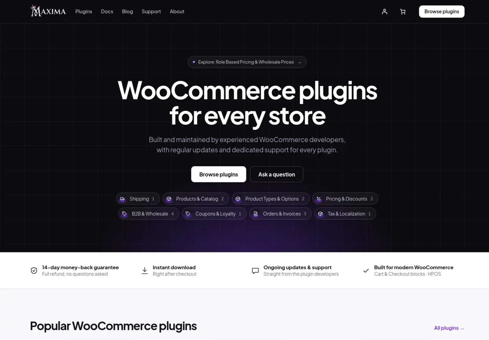 Maxima Plugins homepage showing WooCommerce plugin categories
