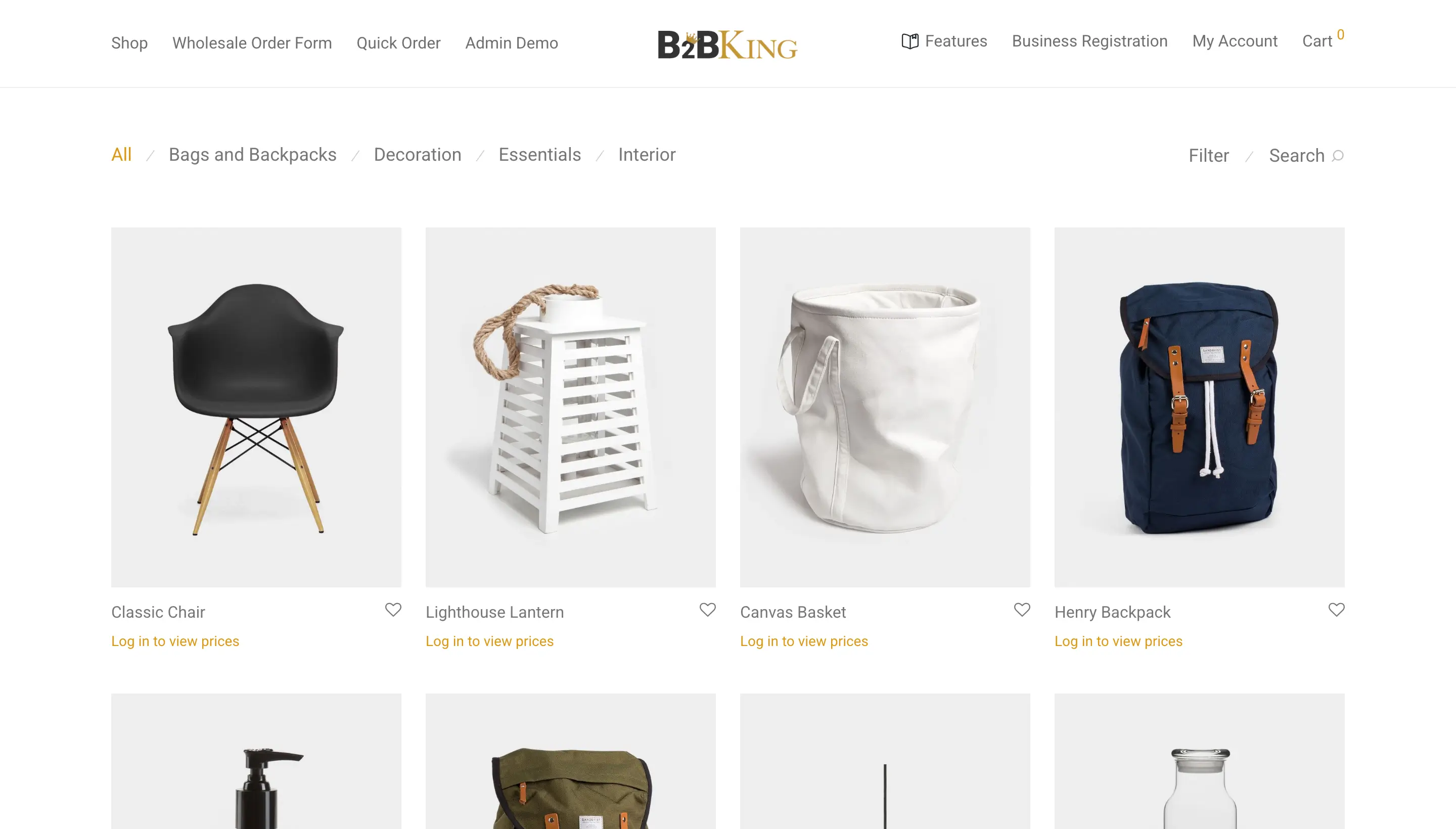 WooCommerce B2B shop page where logged-out visitors see Log in to view prices instead of prices