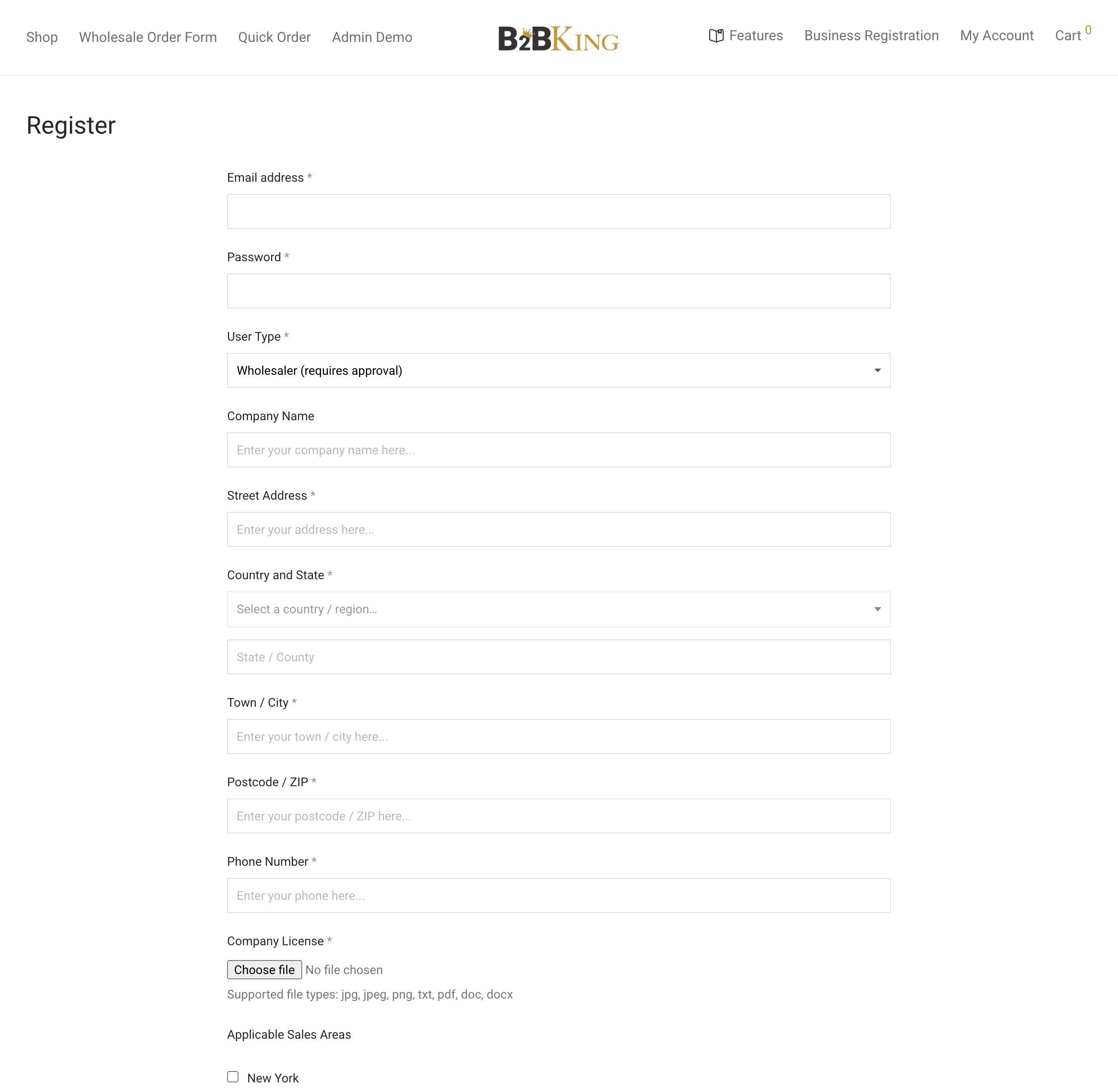 B2B registration form in WooCommerce with a user type dropdown, company fields and a company license upload