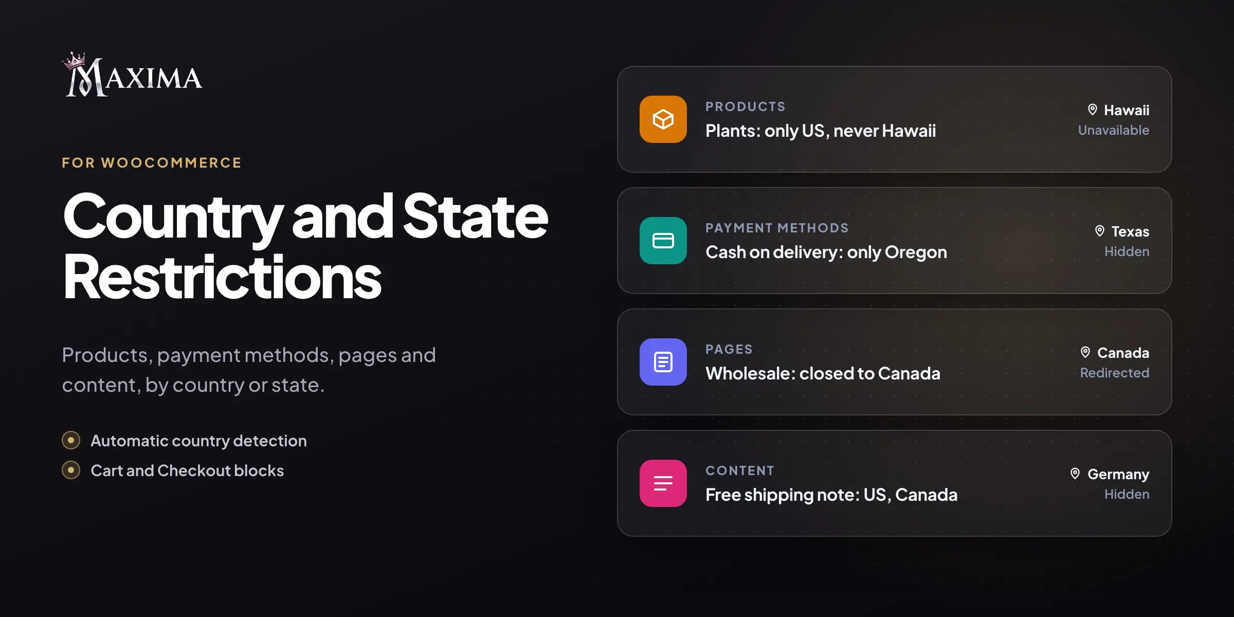 Country and State Restrictions for WooCommerce: restrict products, payment methods, pages and content by country or state