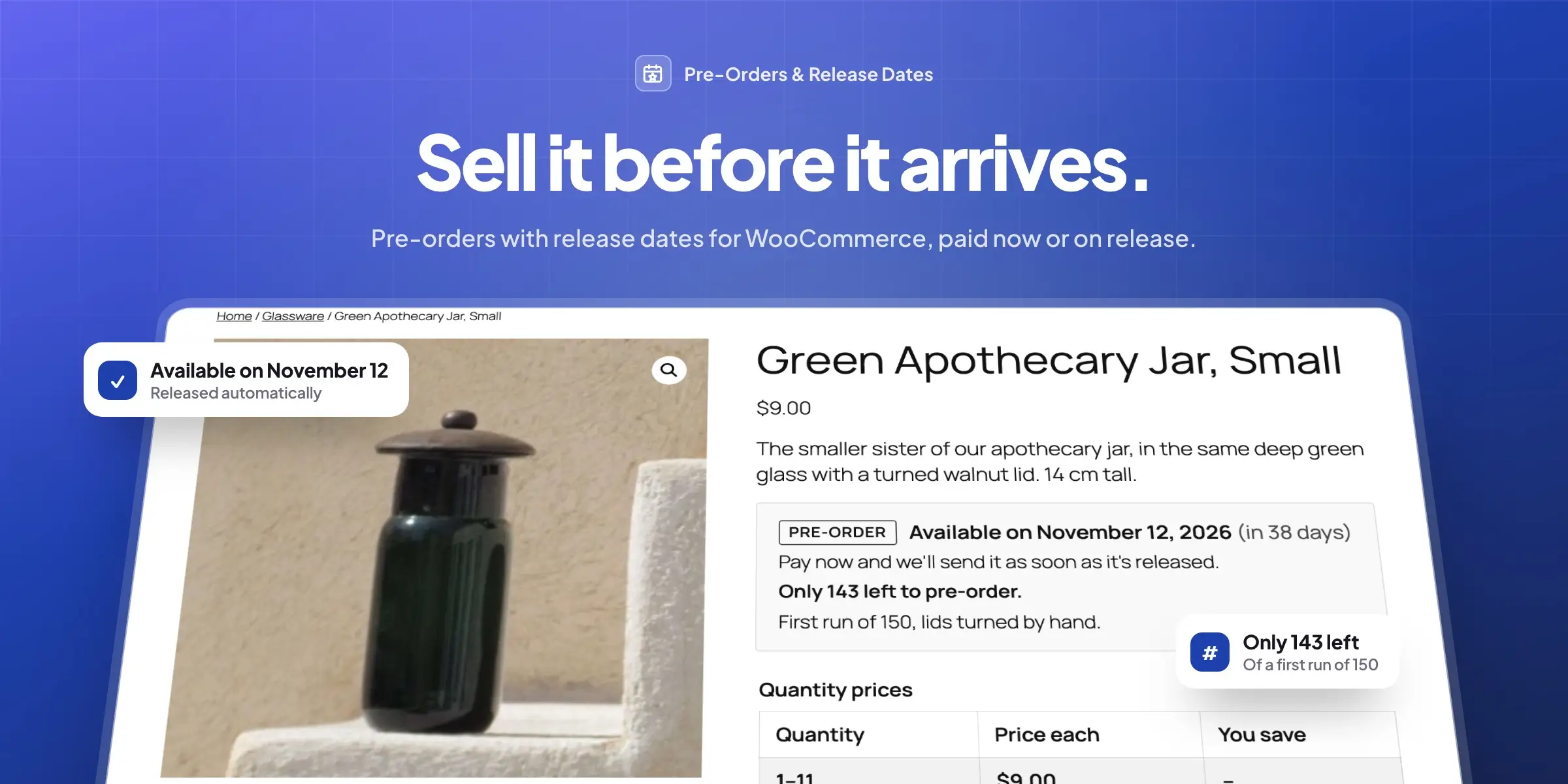 Pre-Orders & Release Dates for WooCommerce: pre-order product page with release date and units left